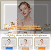 Tocador moderno con espejo grande, 7 cajones, luces LED, silla, 3 modos de iluminación, soporte para secador de pelo y estación de carga para dormitorio