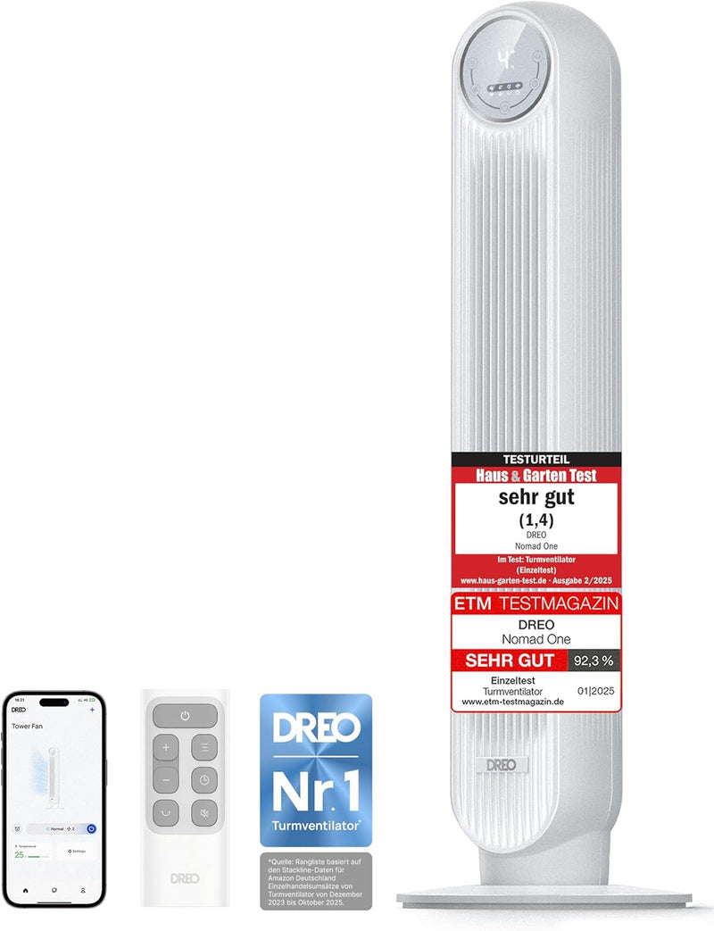 Ventilador de torre inteligente Dreo, 20 dB ultra silencioso, alcance de 10 m, 4 velocidades, 4 modos, temporizador de 8 h, oscilación de 90°, ventilación con refrigeración, Wi-Fi y mando a distancia para dormitorio, Nomad OneS, blanco