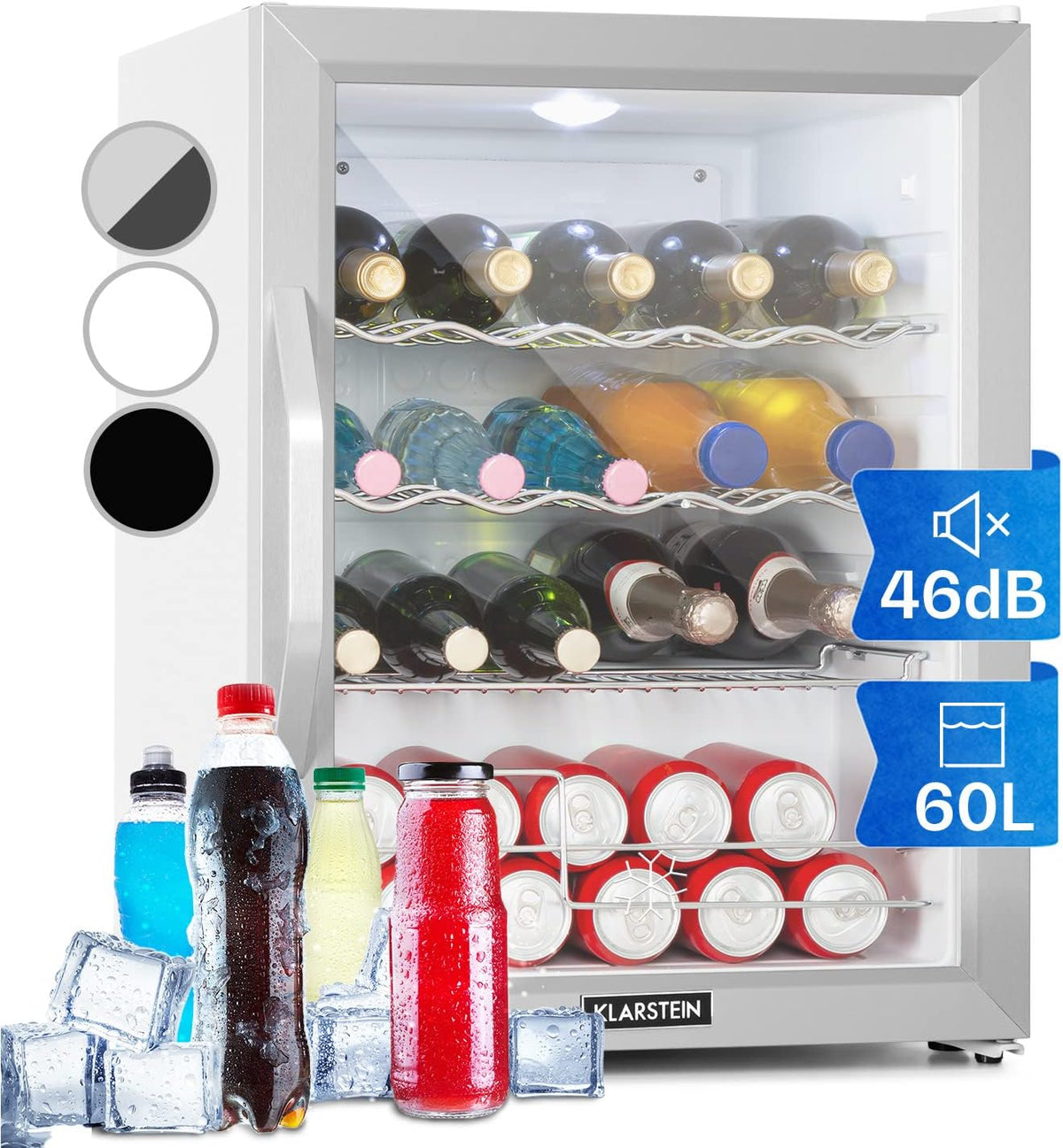 KLARSTEIN Mininevera para dormitorio y oficina, silenciosa, nevera bar 60L, para camping, estantes ajustables, ondulados para vino, latas, frigorífico de cerveza