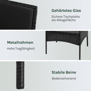 WOLTU Gartenmöbel 4-teilig Set mit 1 Sofa, 2 Sessel, 1 Couchtisch und Kissen Lounge-Möbel Outdoor 2-Sitzer-Bank mit Glas Gartentisch Terrassenmöbel Wetterfest für Garten, Terrassen, Balkon, Schwarz