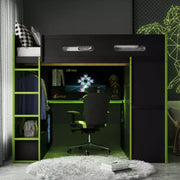 Cama alta matrimonial Merax con escritorio, armario, luces LED RGB y puerto de carga USB, elegante estructura negra con espacio de almacenamiento múltiple para amantes de los videojuegos