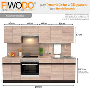 Cocina lineal FIWODO con electrodomésticos - AMPLIABLE - Cocina, cocina equipada en color: Roble Sonoma, 240 cm, con fregadero, grifería, placa, horno, campana extractora, PRODUCTO NUEVO con GARANTÍA