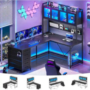 Escritorio gaming en forma de L, escritorio para computadora, panel perforado, 5 cajones y estante de almacenamiento
