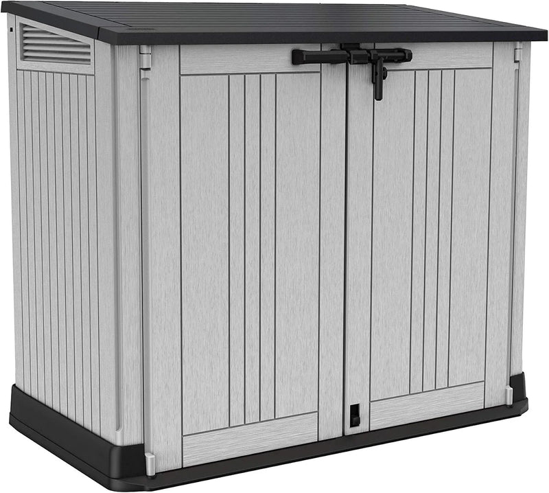 Cobertizo de jardín Store It Out Nova 132 x 71,5 x 113,5 cm, almacenamiento exterior de plástico, resistente a la intemperie, con cerradura, gris claro, tapa gris oscuro