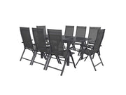 Conjunto de aluminio "Houston", 9 piezas: mesa extensible y 8 sillas de respaldo alto, gris