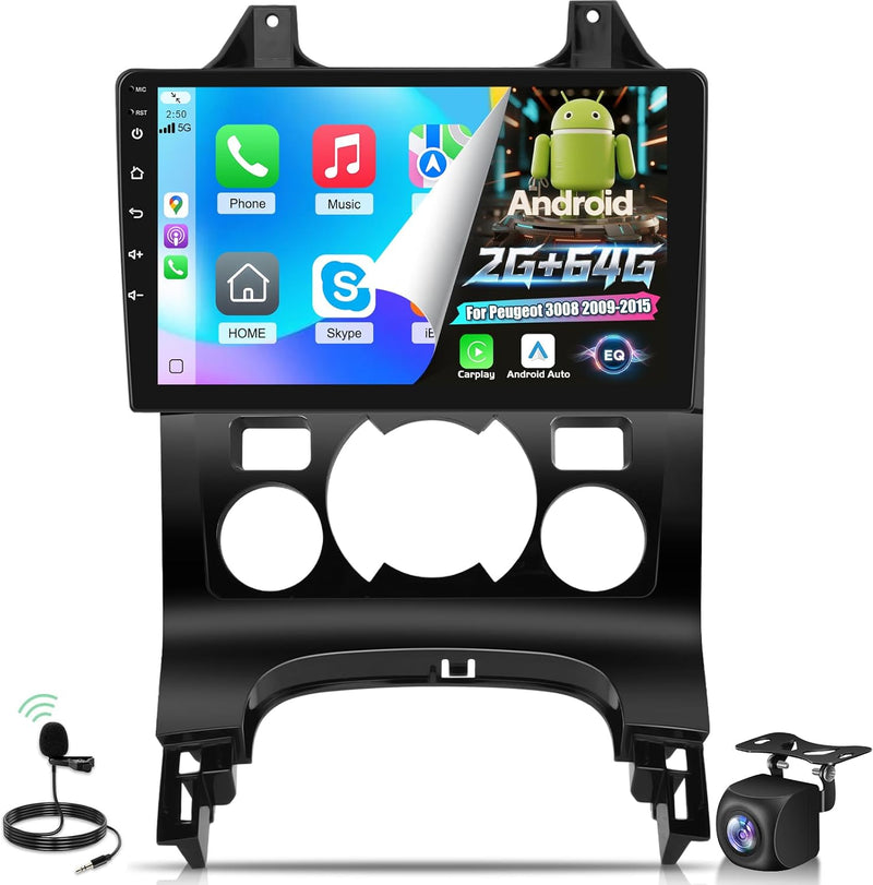 [2G+64GB] Autorradio Android para Peugeot 3008 2009-2015 con Carplay inalámbrico y Android Auto, pantalla táctil HD de 9 pulgadas con GPS/WiFi/Bluetooth/EQ/FM RDS