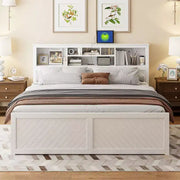 Cama de plataforma de madera King Size FAMYYT con cabecero de almacenamiento múltiple, USB y cajones, fácil montaje
