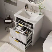 Conjunto de tocador de baño moderno estriado con lavabo de cerámica integrado, mueble de baño independiente con 3 cajones para baño contemporáneo