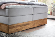 Cama boxspring Belanoti MARBO 160x200 con arcón, colchón de muelles ensacados de 7 zonas incluido, topper viscoelástico, cama 160x200 de roble en color gris blanco, firmeza H2/H3, cama tapizada con madera maciza de roble