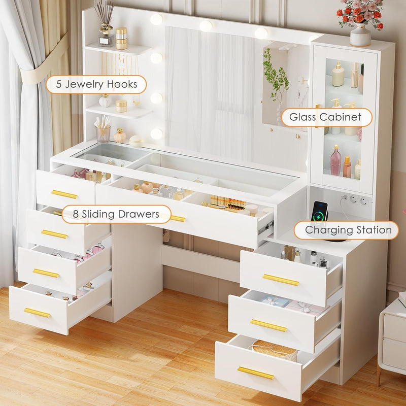 ANWBROAD Tocador grande con espejo y enchufe, iluminación LED ajustable, mesa de maquillaje con tablero de cristal, tocador moderno con 8 cajones, 3 estantes y 5 ganchos, blanco BDT88W