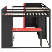 Litera tipo loft en forma de L para juegos con escritorios, litera doble con luces LED, puertos USB, estanterías de almacenamiento, cama alta esquinera de madera para 2 personas