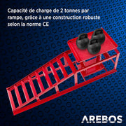 Arebos Juego de 2 rampas de acceso con gato hidráulico de 2 T | Elevador de coches XXL | Ancho de acceso de 257 mm | Plataforma elevadora con válvula de seguridad | Altura ajustable | Rojo