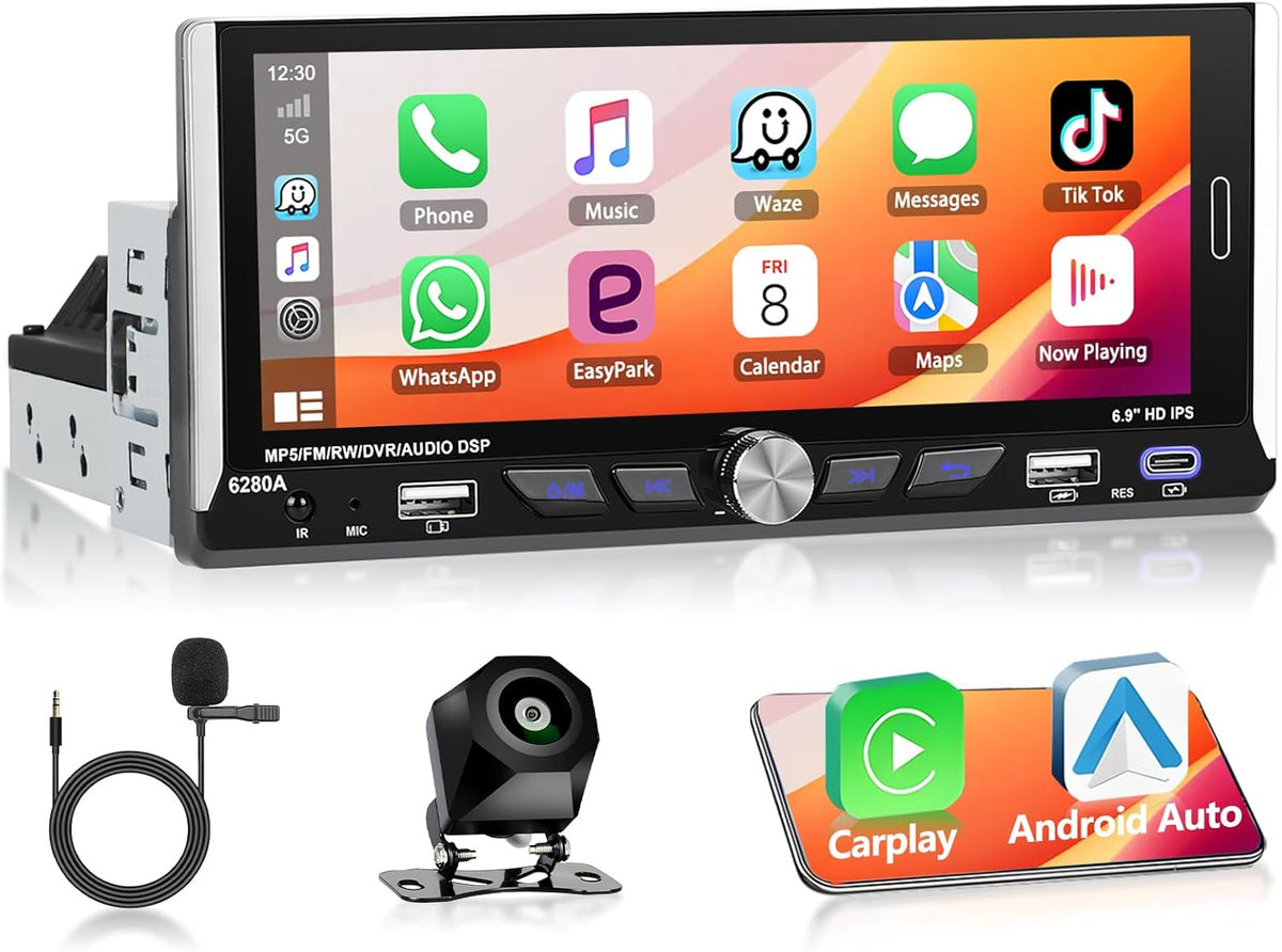 Autoradio Android 15 Motorsi con Apple CarPlay, pantalla táctil IPS de 6.9 pulgadas 1280P, 1 DIN, 4 núcleos, 2+64 GB, Bluetooth, GPS, DSP, Android Auto, WiFi, radio FM/RDS, cámara de reversa AHD y micrófono.