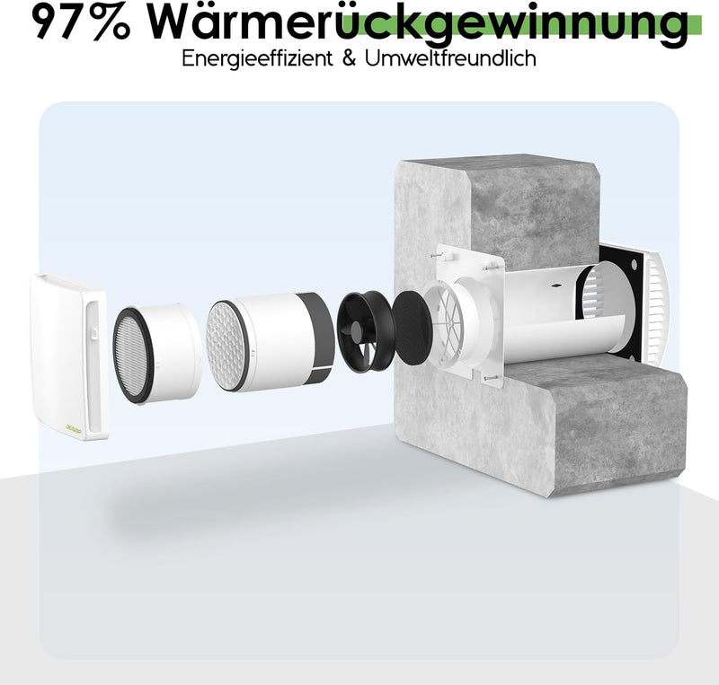 Ventilación residencial Eco Smart DZ Easy+ incl. controlador – 97% de recuperación de calor, control de humedad, Wi-Fi, filtro F7, Ø160mm, extremadamente silencioso, clase energética A, 5 años de garantía