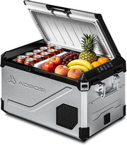 AAOBOSI Nevera de compresor de 45L con doble zona hasta -20℃, carcasa de acero inoxidable e interior de aluminio, 12/24V DC y 230V AC, nevera de compresor para coche, barco, camping y todoterreno