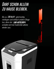 Destructora de documentos LMG Alemania con alimentación automática P4, 180 hojas, corte cruzado, apagado automático, 58 dB, 32 litros, pantalla táctil, compatible con RGPD