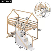 Literas tipo casita con tobogán y escaleras de almacenamiento, litera de madera individual sobre individual para niños con techo y escaleras para niñas y niños
