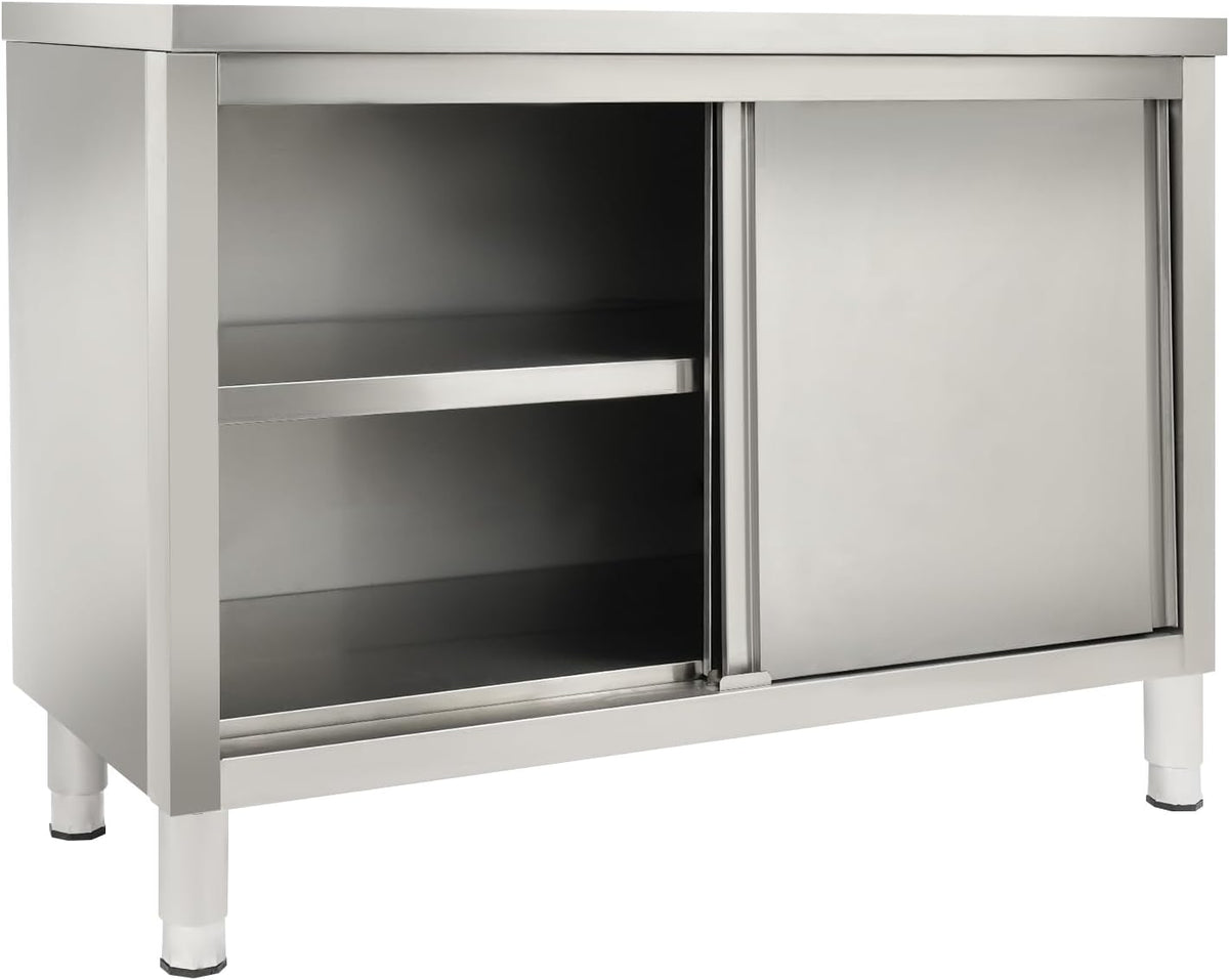 Armario de trabajo con puertas correderas, mesa de trabajo de acero inoxidable, armario de mesa de trabajo para cocina, armario de acero inoxidable independiente, mesa de acero inoxidable para cocina, restaurante, garaje, 120 x 50 x 86 cm