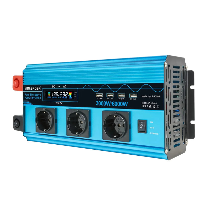 Inversor de corriente de onda senoidal pura Yinleader 3000W 6000W 12V 230V con 3 tomas de corriente UE, 4 puertos USB y pantalla LCD de voltaje