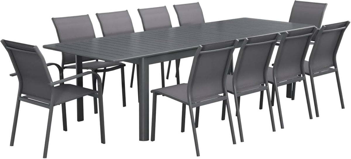 sweeek - Mesa de jardín extensible de aluminio + 10 asientos de aluminio y textileno antracita. 8 sillas. 2 sillones. 10 plazas. 290 x 100 x 75 cm
