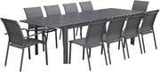 sweeek - Mesa de jardín extensible de aluminio + 10 asientos de aluminio y textileno antracita. 8 sillas. 2 sillones. 10 plazas. 290 x 100 x 75 cm