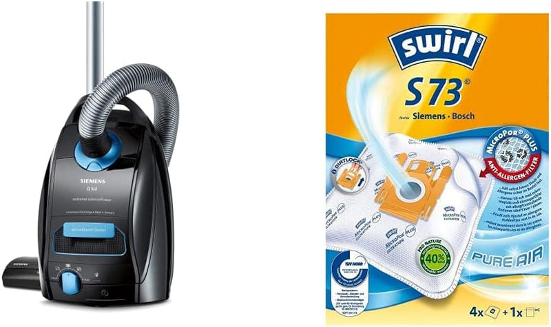 Aspiradora con bolsa Siemens Q5.0 Extreme silencePower VSQ5X1230, aspiradora de trineo, 850 W, negro y bolsas para aspiradora Swirl S 73 MicroPor® Plus, 4 unidades incl. filtro