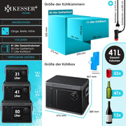 Nevera portátil con compresor KESSER 2 en 1 de doble zona, refrigeración y congelador eléctrico con 2 acumuladores de frío y panel táctil LED | Refrigerador con enfriamiento hasta -20 °C para camping, coche, camión 12/24V 230V