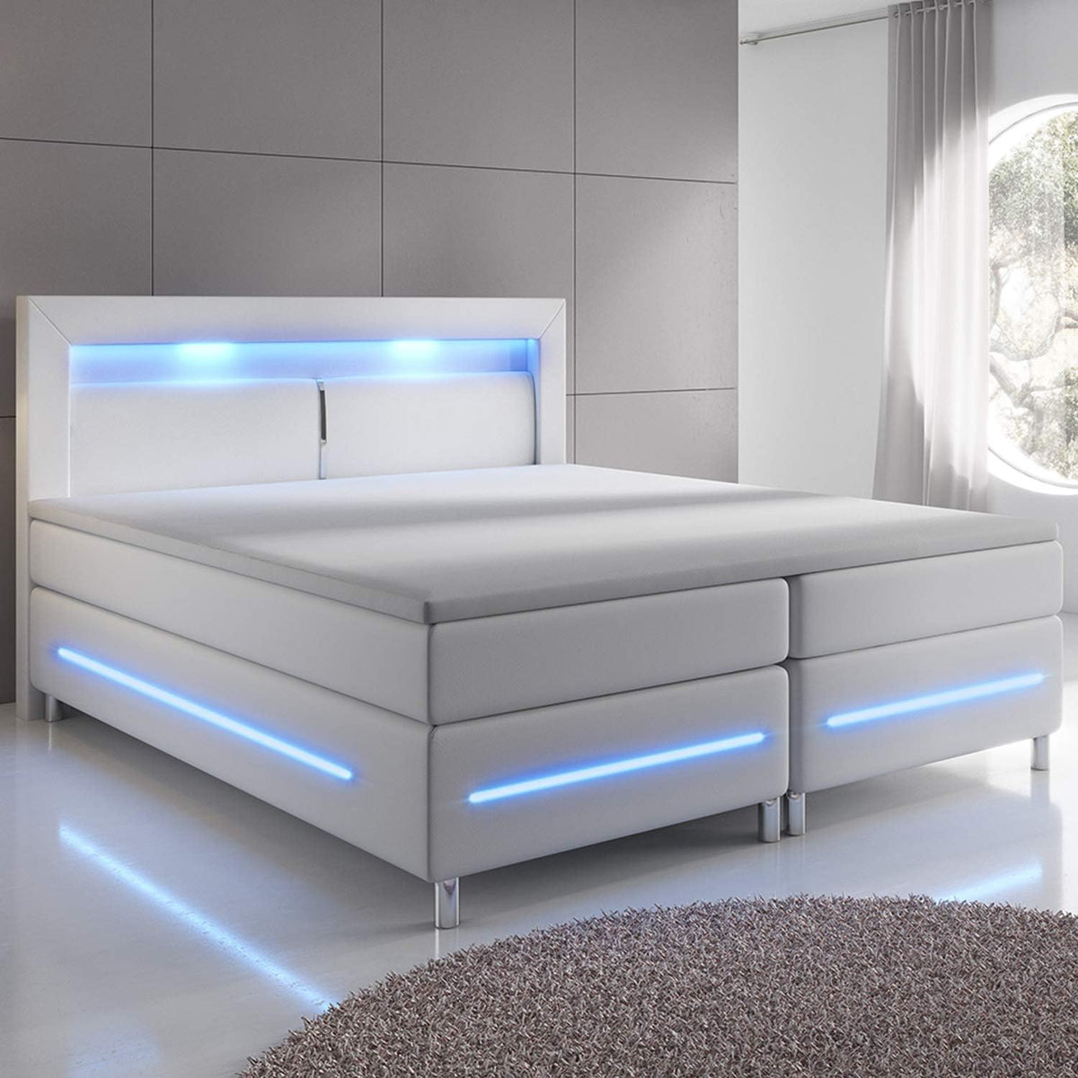 Cama boxspring Juskys Norfolk 180x200 cm - Iluminación LED, colchón Bonell y topper - 66 cm de altura de confort - blanco - Cama, cama doble, cama tapizada