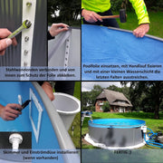 Set de piscina de pared de acero Planet Pool (5 piezas) redondo 350x120 cm, acero 0,4 mm antracita, lámina 0,4 mm azul, solapa de sujeción