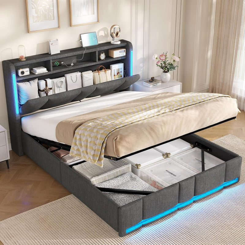 AOGLLATI Cama tapizada de matrimonio 140x200 con arcón, cama con almacenamiento hidráulico, iluminación LED y enchufes, cama 140x200 cm con cabecero con almacenaje, somier de láminas, lino, gris oscuro (sin colchón)