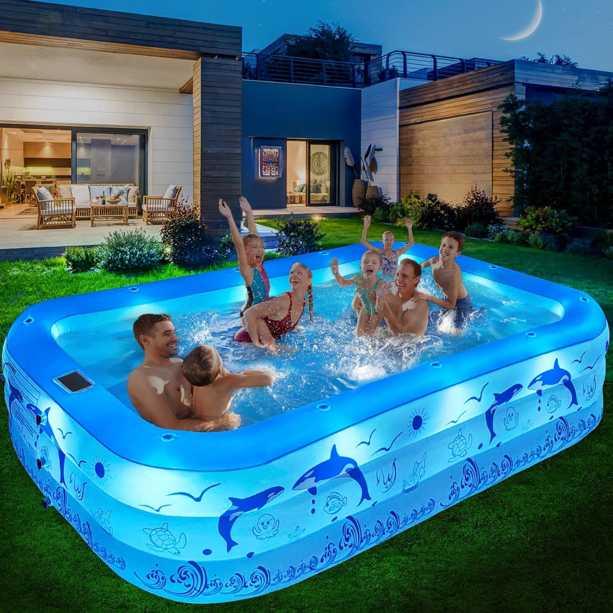 Piscina hinchable para adultos LanOcean con luces, piscina familiar rectangular hinchable solar con 12 modos de iluminación, piscina hinchable grande para niños de 240x150x55 cm, piscina infantil para jardín