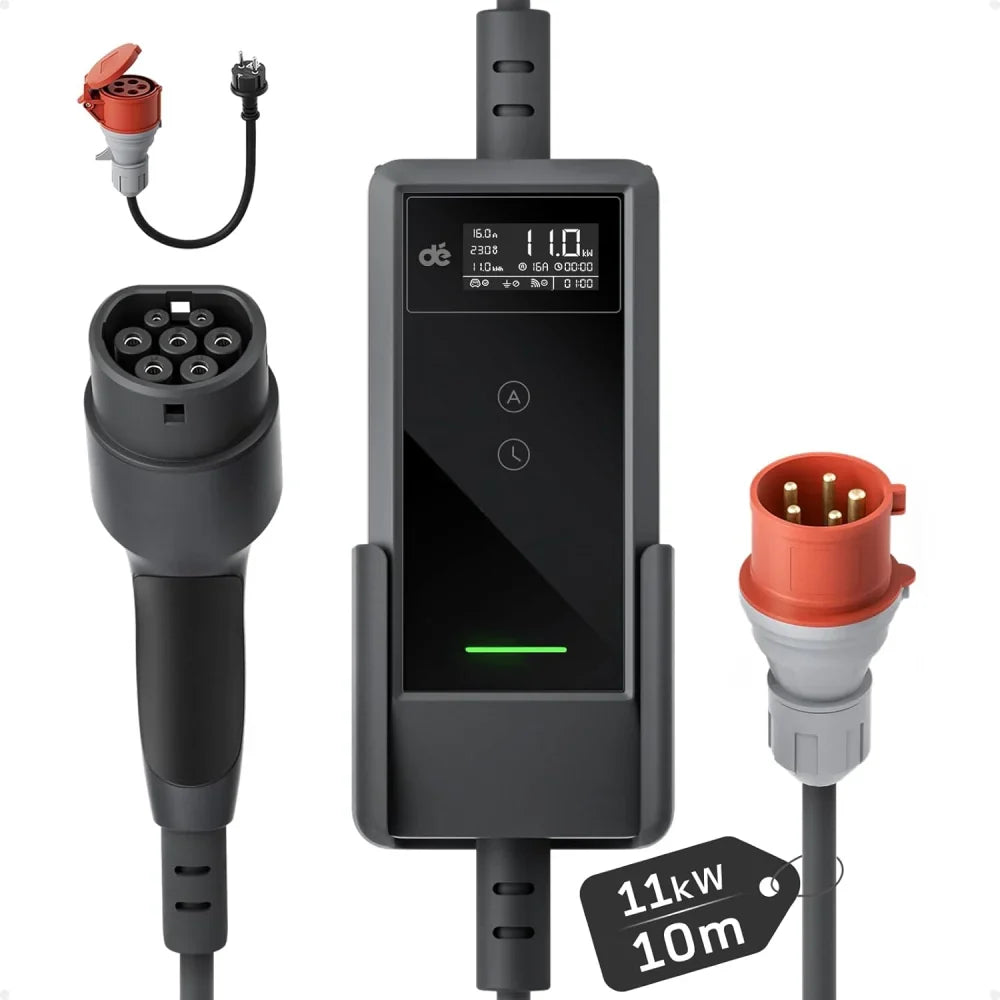 Cargador de pared móvil deM2D11B10 11 kW tipo 2, trifásico, 6-16 A con control por aplicación, cable de carga de 10 m, CEE 16A 400V
