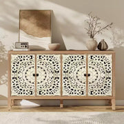 Aparador con almacenamiento, gabinete de almacenamiento con acabado desgastado, 4 puertas talladas y estante ajustable, mueble buffet de madera decorativo