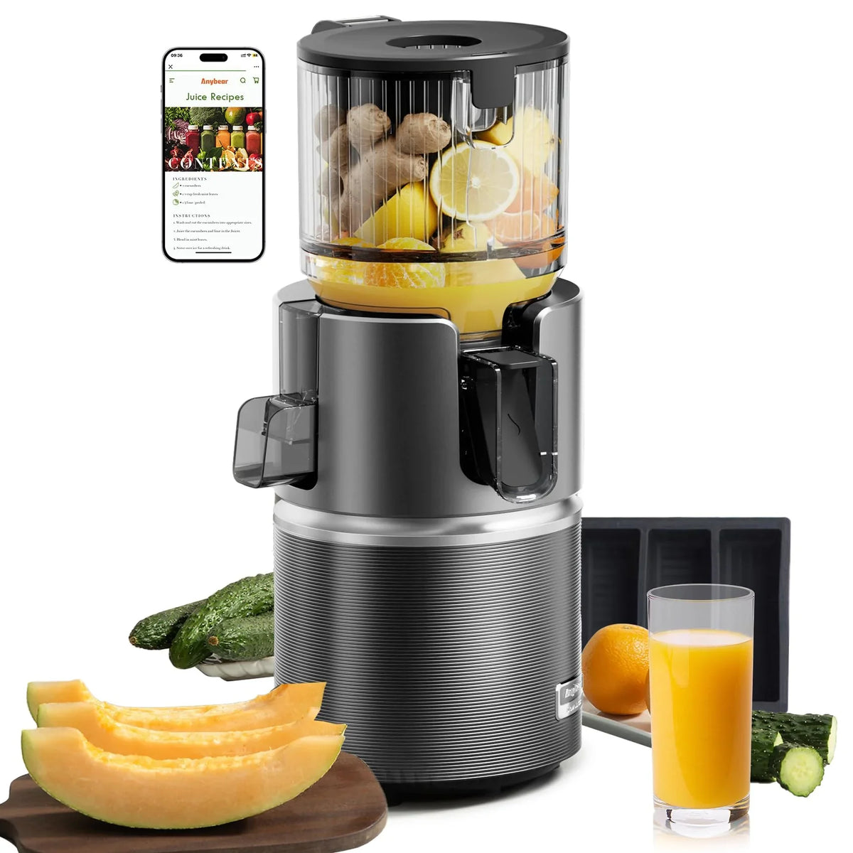 Extractor de zumos Anybear 350W, licuadora de prensado en frío, boca de alimentación de 124 mm, tecnología de doble triturado, libre de BPA, Tritan, alto rendimiento de zumo