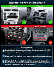 Autorradio 1 DIN con pantalla táctil de 10,1 pulgadas Android 14 2GB 64GB Bluetooth CarPlay Android Auto Navegación Cámara de visión trasera