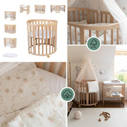 Cuna ovalada evolutiva Waldin, set completo 7 en 1, cuna de barrotes, cama infantil con colchón, cambiador, cuna colecho, madera blanca