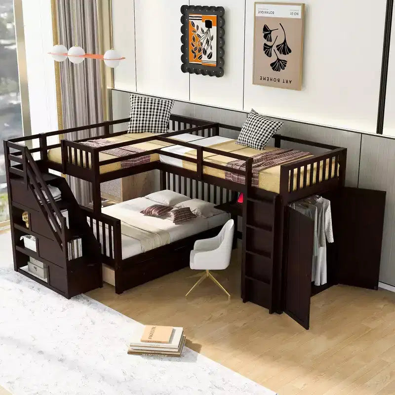 Litera en forma de L Whisen Modern Design, cama individual sobre matrimonial, con 3 cajones, escritorio portátil y armario