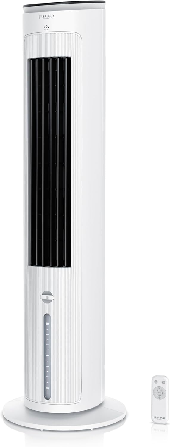 Brandson - Ventilador de torre con refrigeración por agua - Galardonado 2025 - Enfriador evaporativo - Enfriador de aire - Ventilador - Aire acondicionado portátil sin tubo de escape - 5 en 1 - silencioso - depósito de agua de 4,6 L - blanco