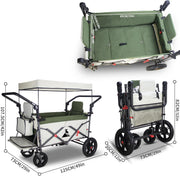 TOPWELL Carrito de transporte plegable de 180 l hasta 120 kg con 2 asientos plegables/techo/freno, carrito de transporte plegable con ruedas de poliuretano verde/beige
