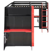 Litera tipo loft en forma de L para juegos con escritorios, litera doble con luces LED, puertos USB, estanterías de almacenamiento, cama alta esquinera de madera para 2 personas