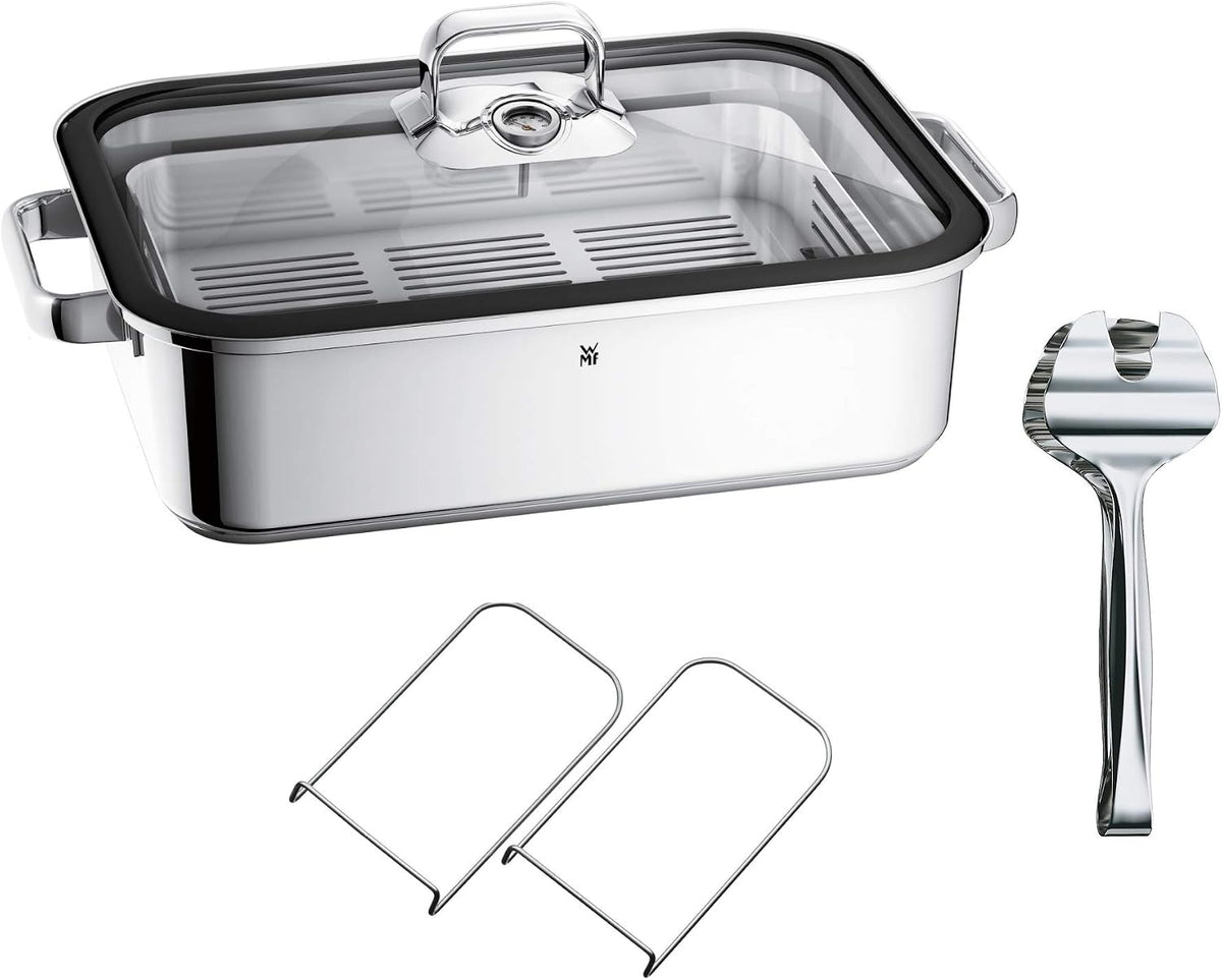 WMF Vitalis Aroma Vaporera, rustidera de inducción, 41x27x10 cm, fuente para horno de 6,5 l, pinzas de servir, tapa de cristal con borde de silicona, termómetro, rejilla de cocción, olla de cocción lenta de acero inoxidable Cromargan sin revestimiento