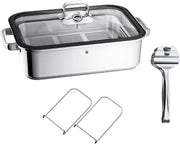 WMF Vitalis Aroma Vaporera, rustidera de inducción, 41x27x10 cm, fuente para horno de 6,5 l, pinzas de servir, tapa de cristal con borde de silicona, termómetro, rejilla de cocción, olla de cocción lenta de acero inoxidable Cromargan sin revestimiento