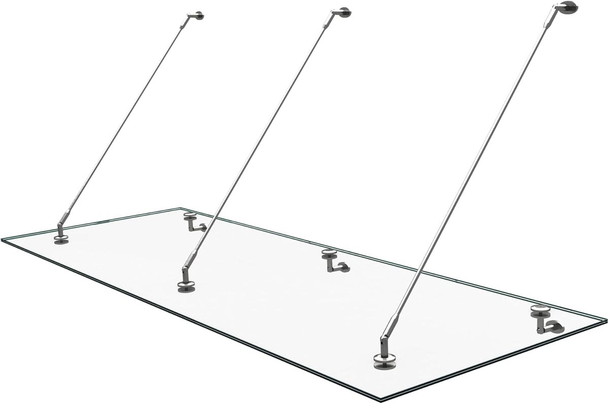 doporro Marquesina de cristal laminado de seguridad (VSG) con lámina SGP VDG02K, medidas: 90x250 cm, 3 barras de sujeción de acero inoxidable, marquesina transparente para puerta de entrada, protección contra la lluvia