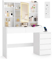 Colección VASAGLE Kailyn - Tocador con iluminación LED, mesa de maquillaje con regleta, espejo, tocador con estantes ajustables, moderno, 40 x 124,7 x 145 cm, blanco nube RDT644WB01