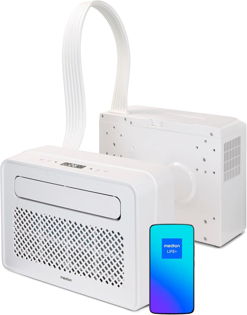 Aire acondicionado split inteligente MEDION P502 (para caravanas, autocaravanas, camping, barcos, autobuses, campers, casas móviles, incluye kit de montaje, 5000 BTU, refrigeración, deshumidificación y ventilación, modo nocturno, MD37735)
