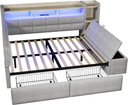 Sofá cama, 140 × 190 cm, con dos cajones, puertos USB y tipo C, compartimento de almacenamiento, banco de almacenamiento en el piecero, tira de luz LED, sin colchón, terciopelo, gris