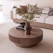 Mesa de centro redonda moderna de madera maciza chapada con almacenamiento