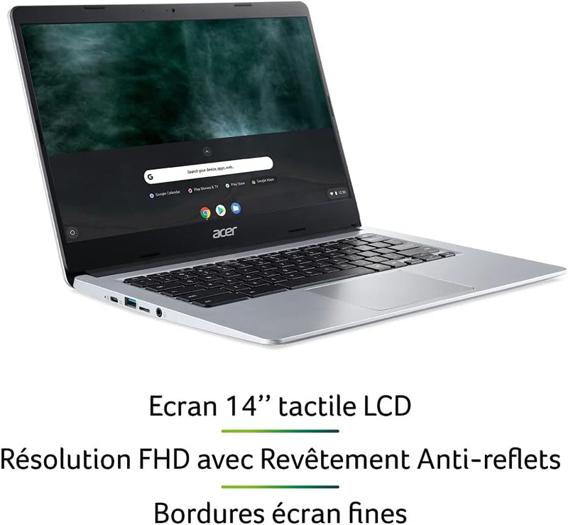 Acer Chromebook 314 CB314-1HT-P2DF Portátil Táctil 14'' FHD IPS, PC Portátil (Intel Pentium Silver N5030, RAM 8GB, 64GB eMMC, Intel UHD Graphics 605, Chrome OS) Teclado AZERTY, Laptop Gris