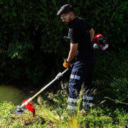 Desbrozadora de gasolina de 52 cc y 2 tiempos, eje recto con sistema antivibración, correa de transporte + accesorios para corte de jardín y mantenimiento de paisajes (2 en 1)