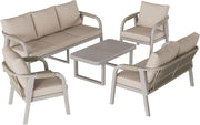 Conjunto de muebles de jardín para 7 personas, set de muebles de exterior para terraza y balcón con sofá de jardín y mesa de centro, grupo de asientos para salón de jardín con cojines, hierro galvanizado, beige